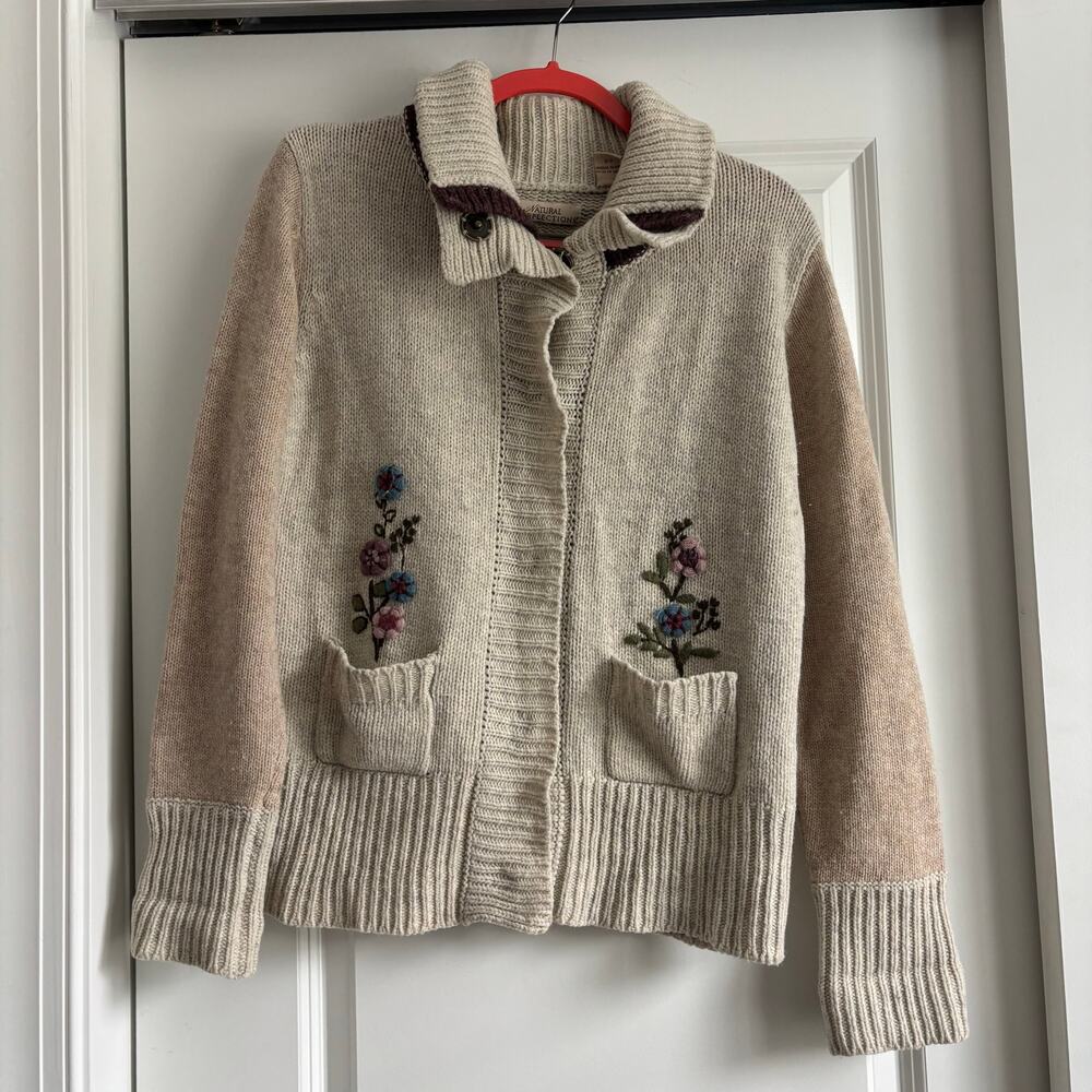 Natural Reflections Women’s Knit Full Zip L Embroidered Cardigan Sweater Granny